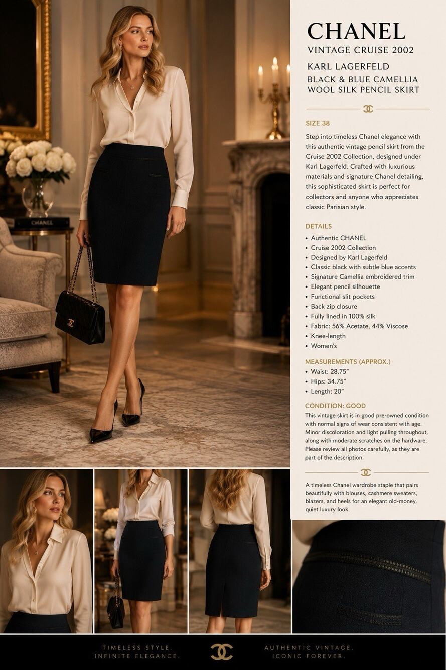 CHANEL VintageCruise 2002 KarlLagerfeld Black Blue Camellia Wool Silk Skirt 38